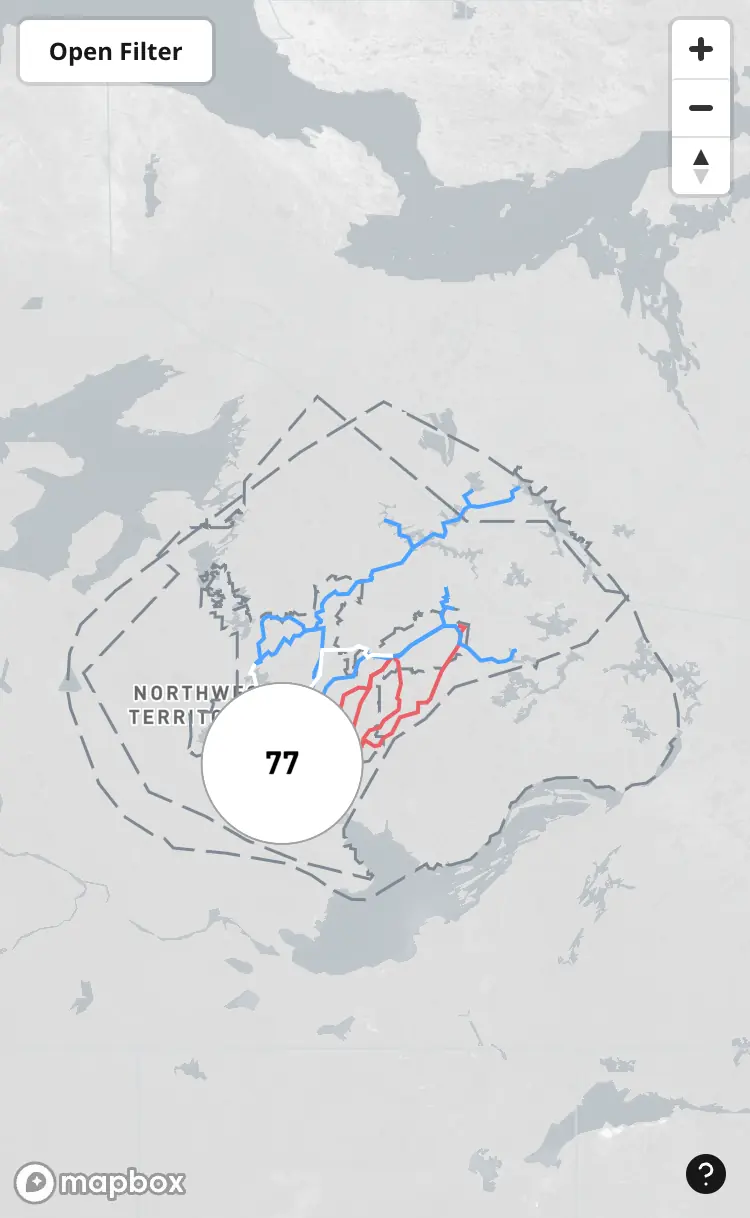 A map of the Tlicho territories, with a button to toggle open a filter, controls for navigating the map, and a cluster of points of interest.