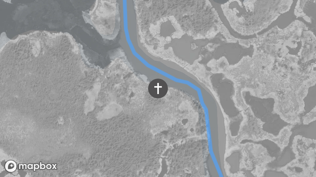 A satellite image of a gravesite located on the west shore of Marian River.