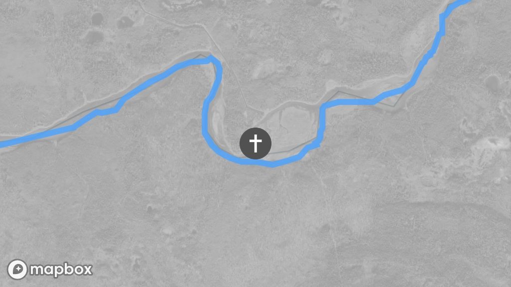 A satellite image of a gravesite located on the north shore of the Marian River.