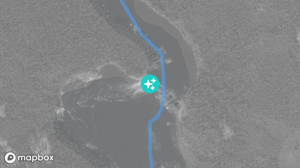 A satellite image of a portage located on the Marian River. There is a short drop in the river that cannot be navigated by boats.