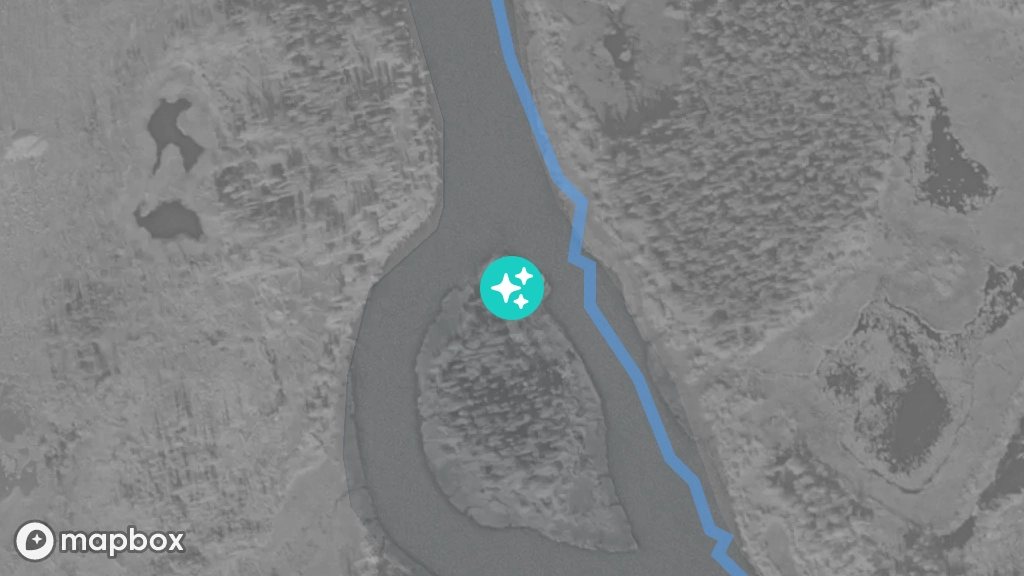 A satellite image of a campsite located on a small island in the middle of the Marian River.