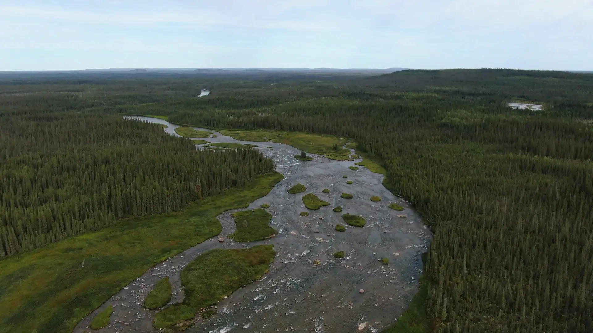 Image aérienne prise par un drone d'un camping situé sur la rive de la rivière Marian. La rivière trace un large chemin à travers une forêt dense, avec de petites parcelles d'herbe au milieu de la rivière. La rivière sinueuse est visible au loin.