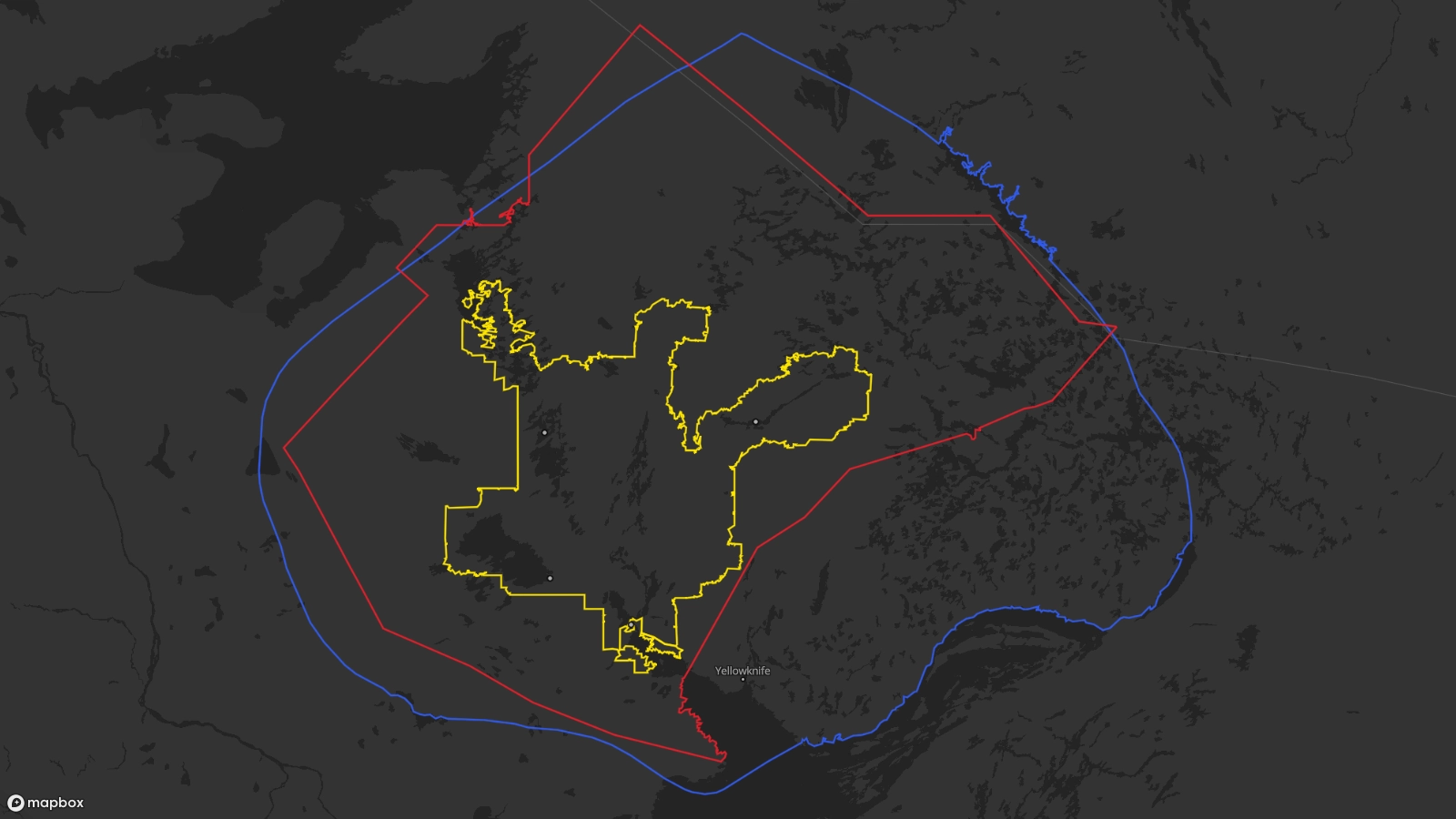 Une carte régionale des frontières et des communautés de Tłı̨chǫ. Les deux communautés sont situées au-dessus du Grand lac des Esclaves, au nord-ouest de Yellowknife.