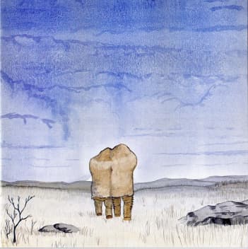 Watercolor painting of the Couple Inside the Mountain by Lacynda Migwi. Two hunters are pictured huddling together in the cold blue landscape.