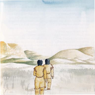 Watercolor painting of the Couple Inside the Mountain by Lacynda Migwi. A couple of hunters are portrayed walking in a grassy green field.