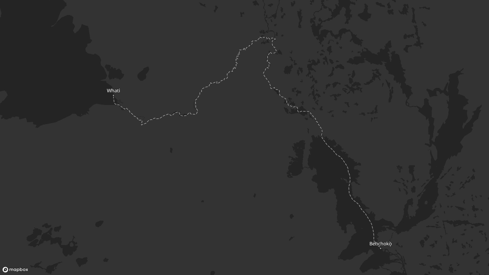 A map showing the Whatì trail linking Behchokǫ̀ and Whatì in the Northwest Territories.