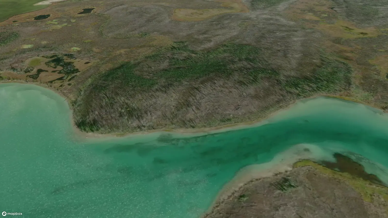 Vue satellite de la forêt et de la rivière près d'une tombe inconnue sur le sentier Whatì. La tombe est entourée d'une zone dense de conifères, à côté d'une rivière vert jade peu profonde aux rives sablonneuses.