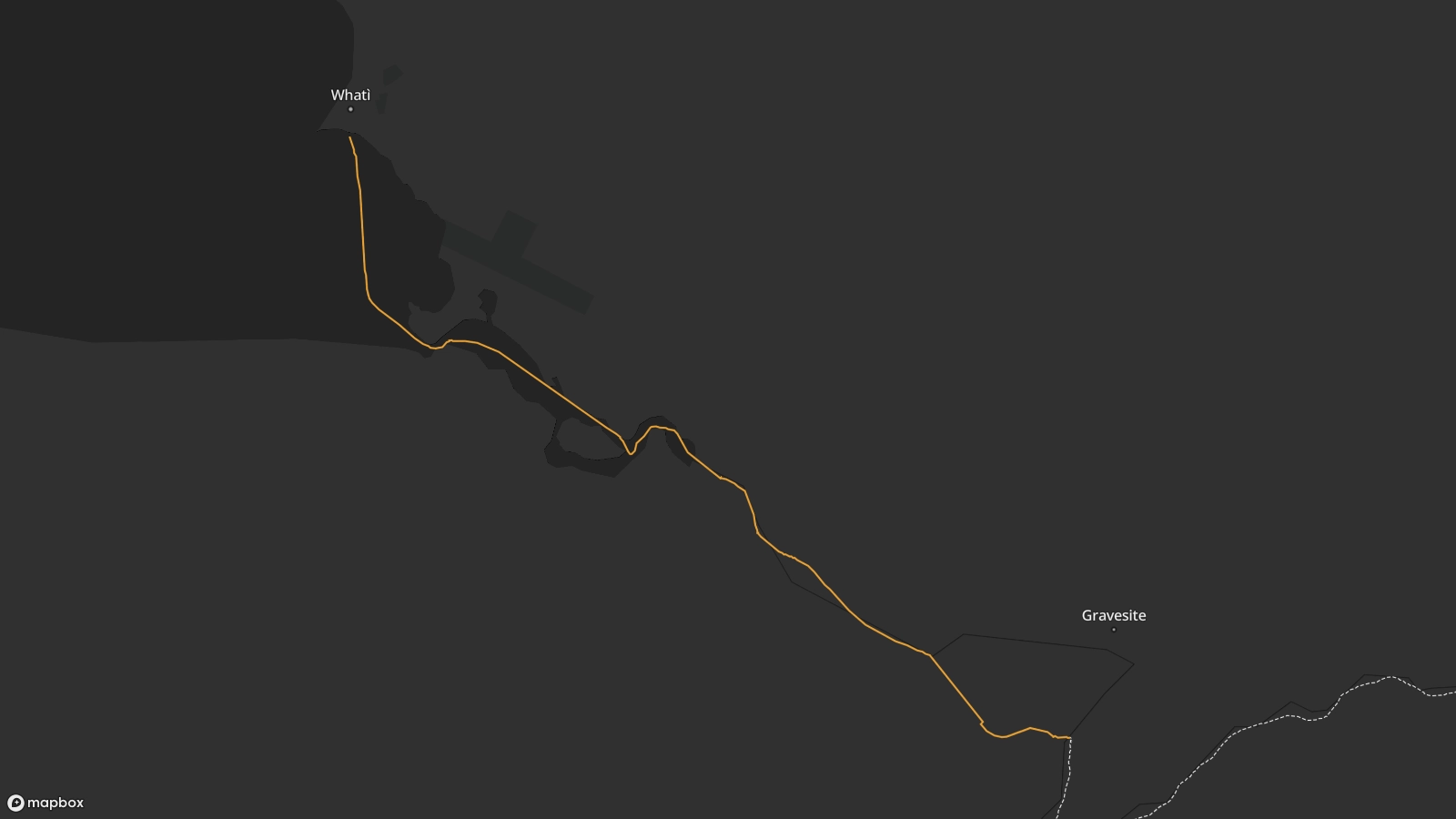 A map view of the Whatì Trail from the unknown gravesite to the final destination of Whatì. The trail follows the path of the Lac La Martre river until it reaches Lac La Martre, before following the coast of the lake north until reaching Whatì. The Whatì airfield is visible from the map.