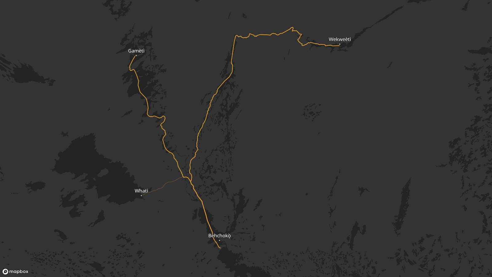 Map view showing the ancestral trails connecting the Tłı̨chǫ communities of Behchokǫ̀, Gamèti, and Wekweètì.